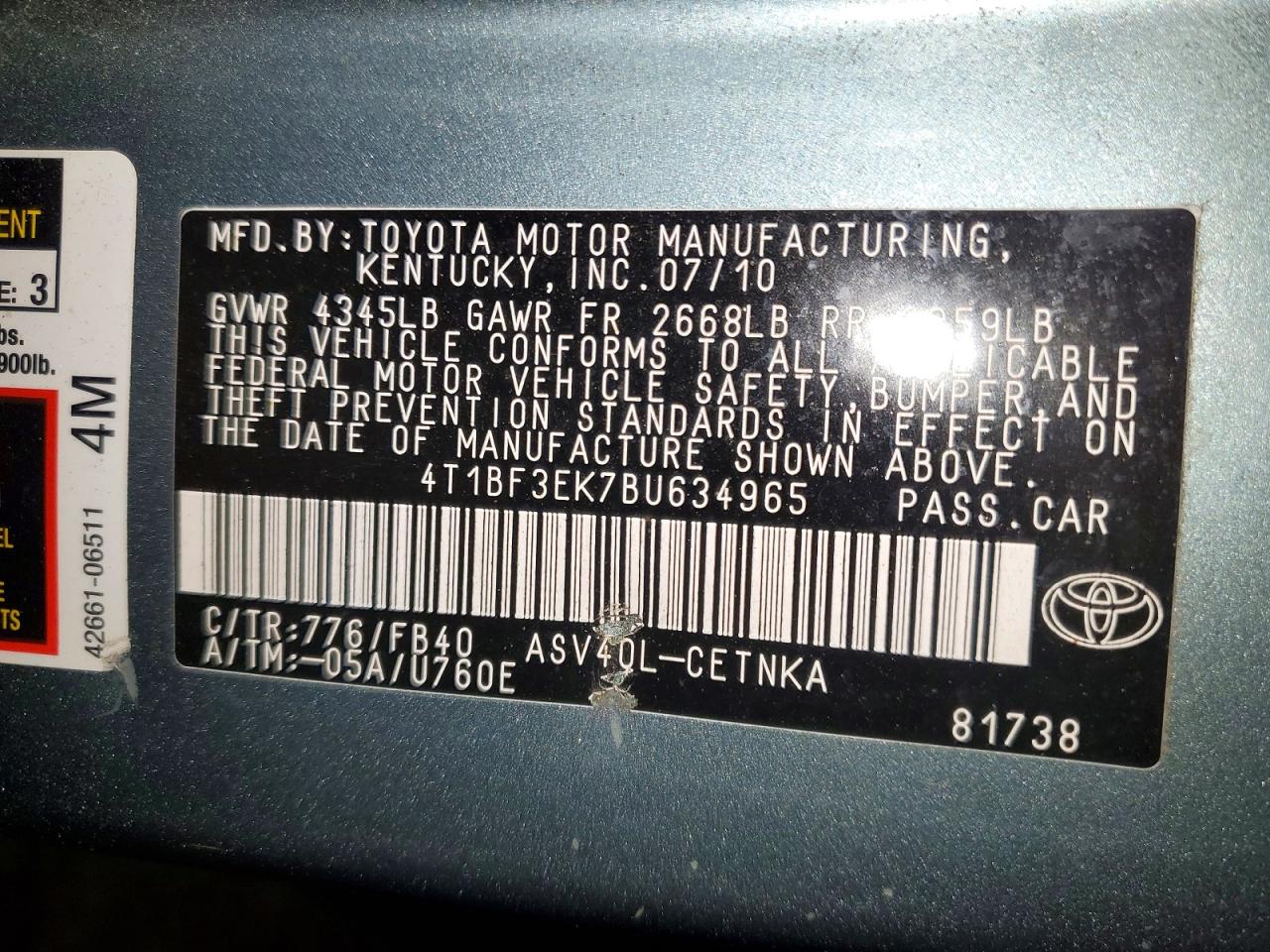 2011 TOYOTA CAMRY LE photo 13