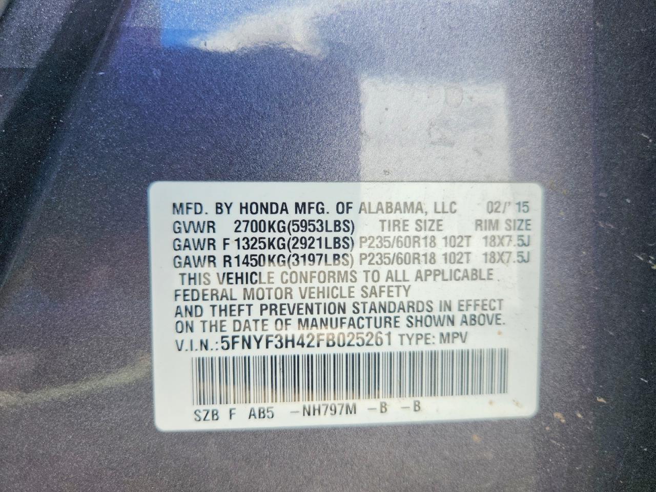 2015 HONDA PILOT EX photo 13