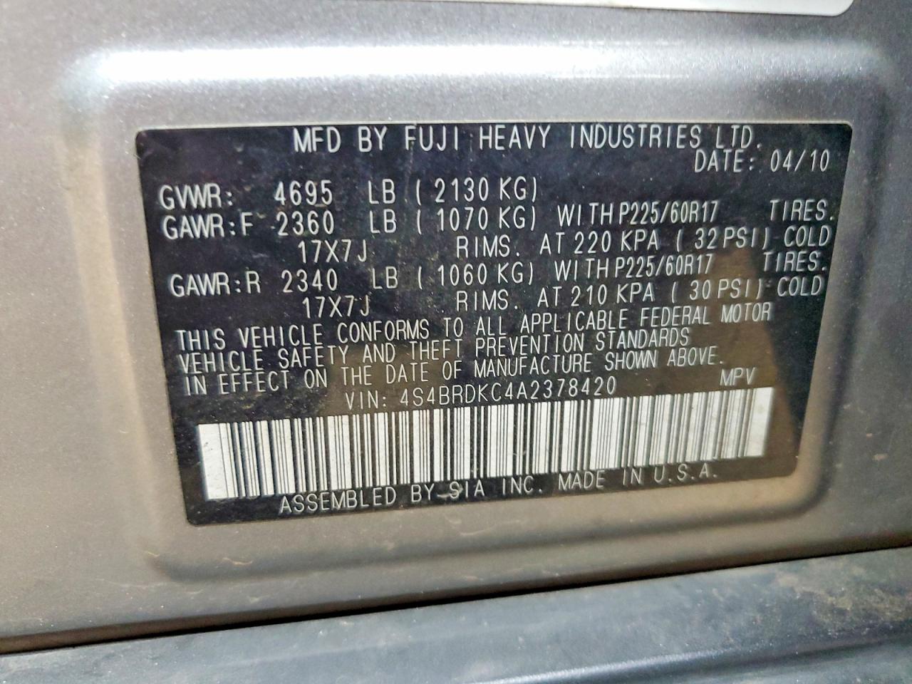 2010 SUBARU OUTBACK 3.6R LIMITED photo 12