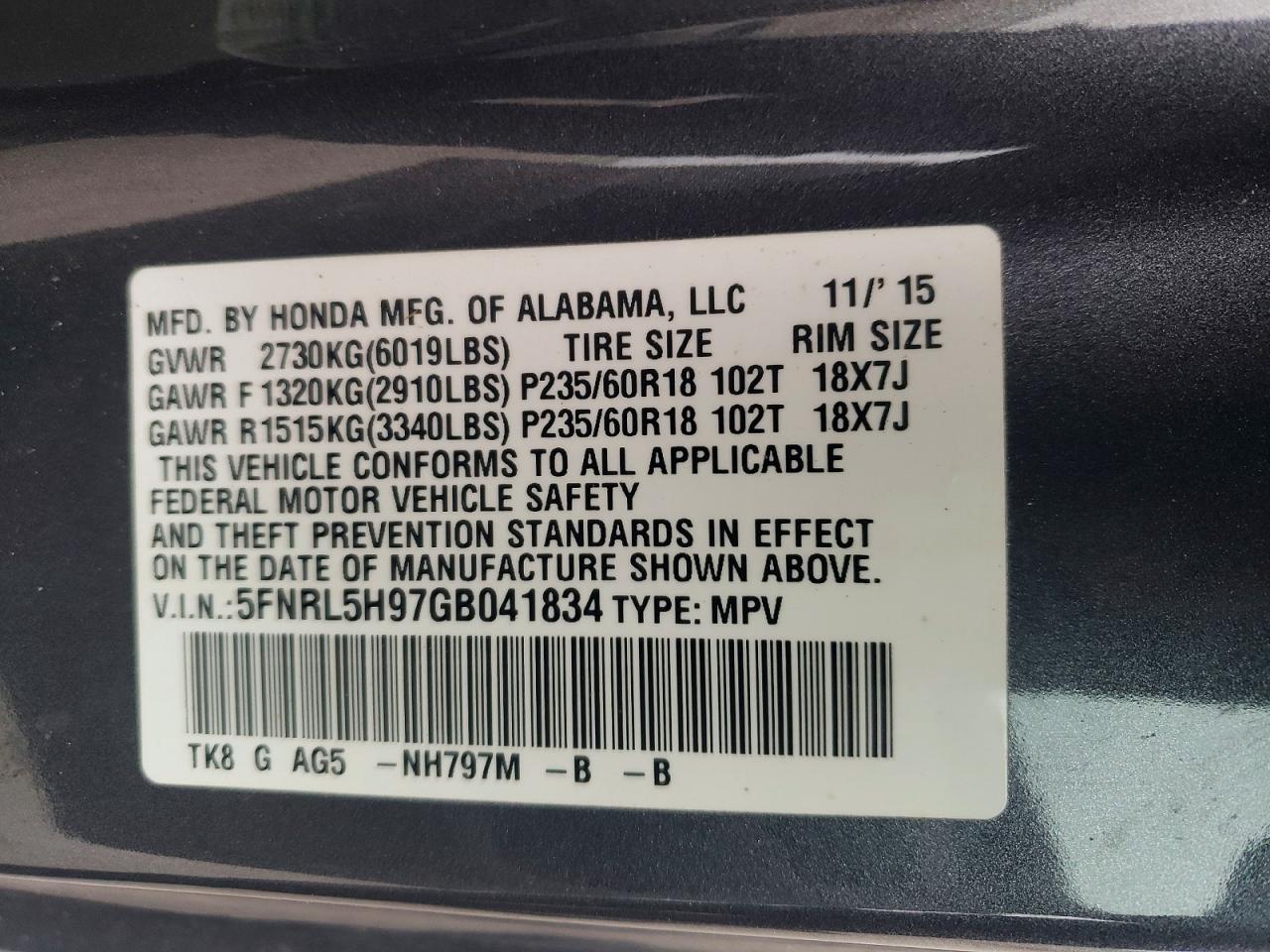 2016 HONDA ODYSSEY TOURING photo 13