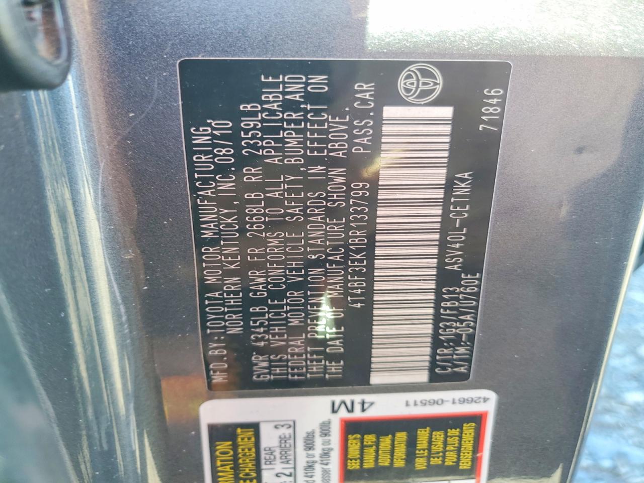2011 TOYOTA CAMRY LE photo 12