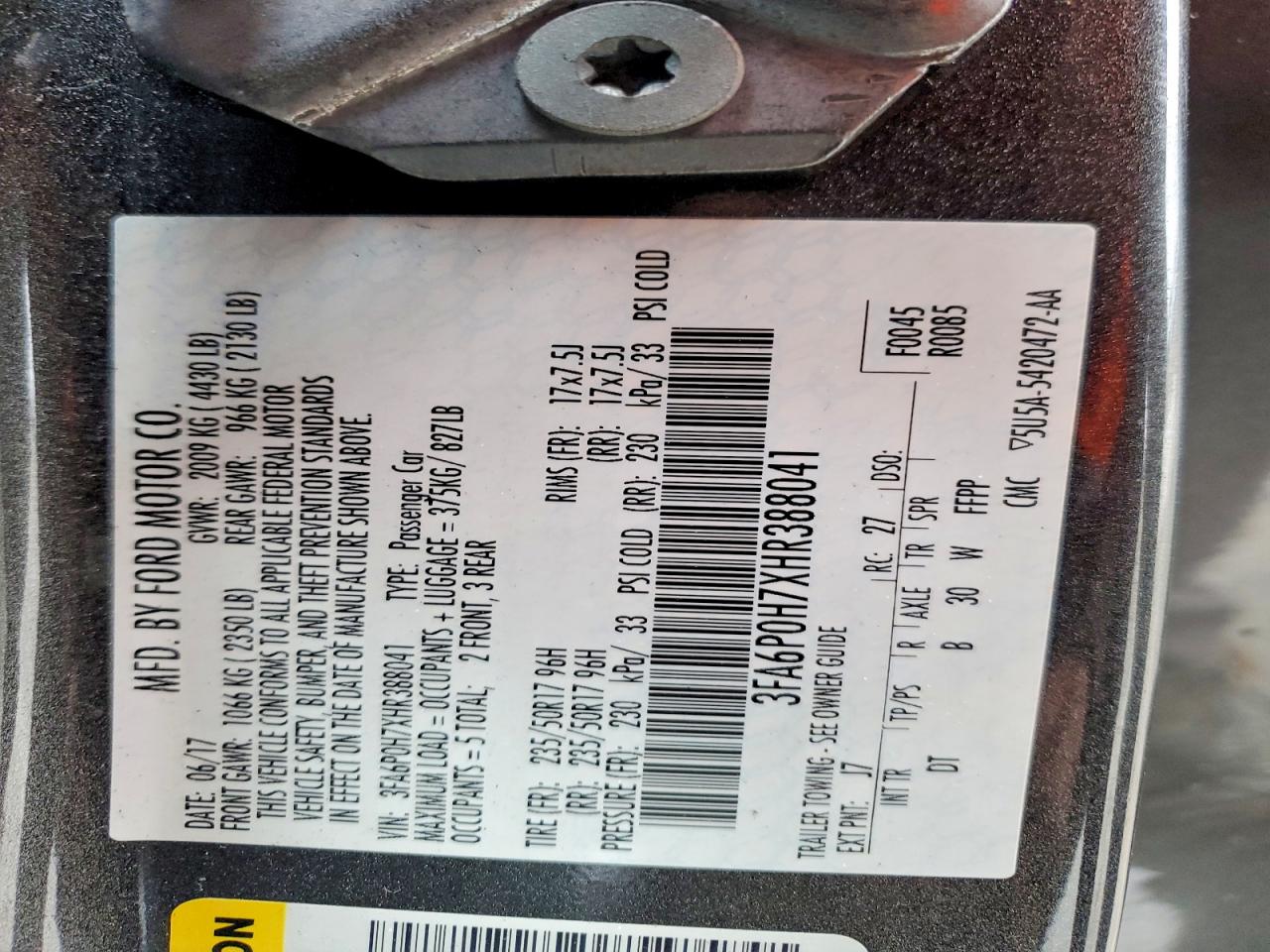 2017 FORD FUSION SE photo 34