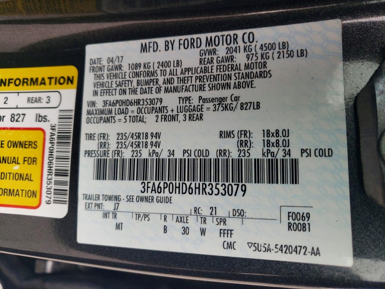 2017 FORD FUSION SE photo 34