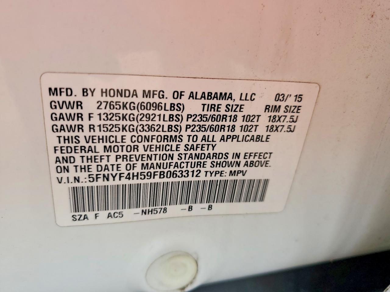 2015 HONDA PILOT EXL photo 25