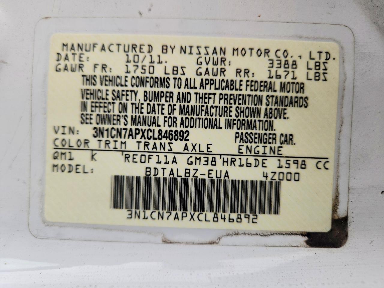 2012 NISSAN VERSA 1.6 S photo 13