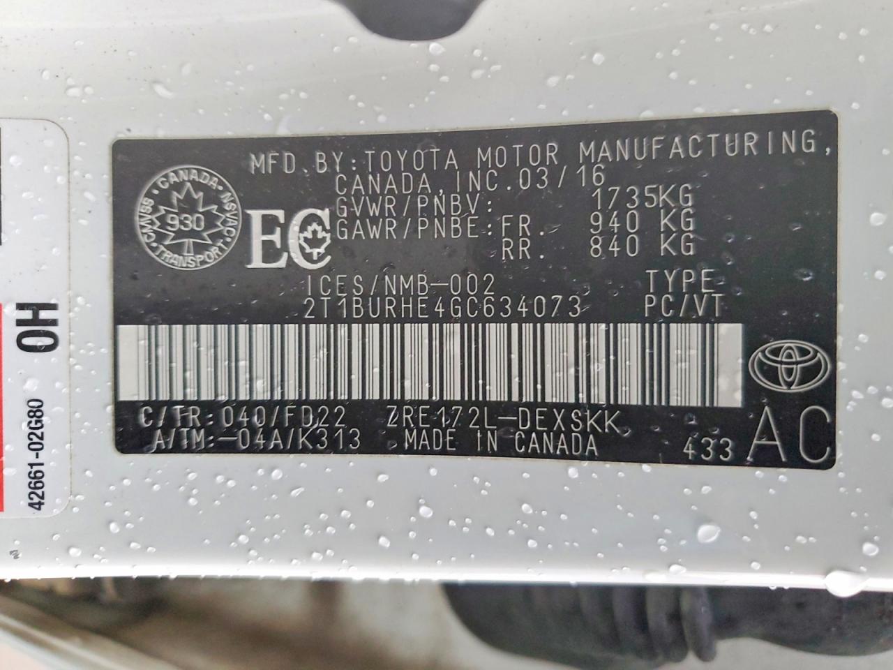2016 TOYOTA COROLLA L photo 12