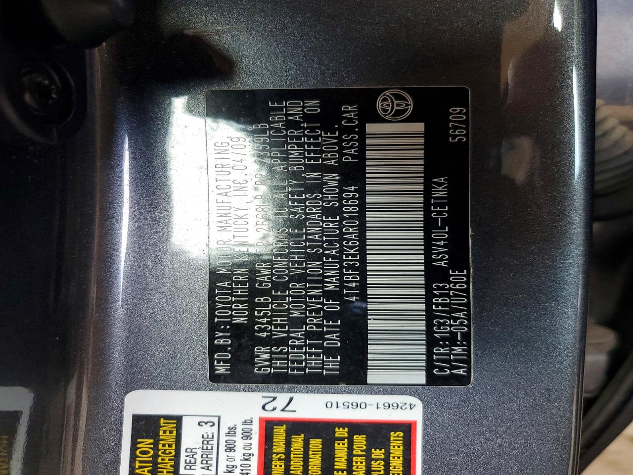 2010 TOYOTA CAMRY LE photo 12