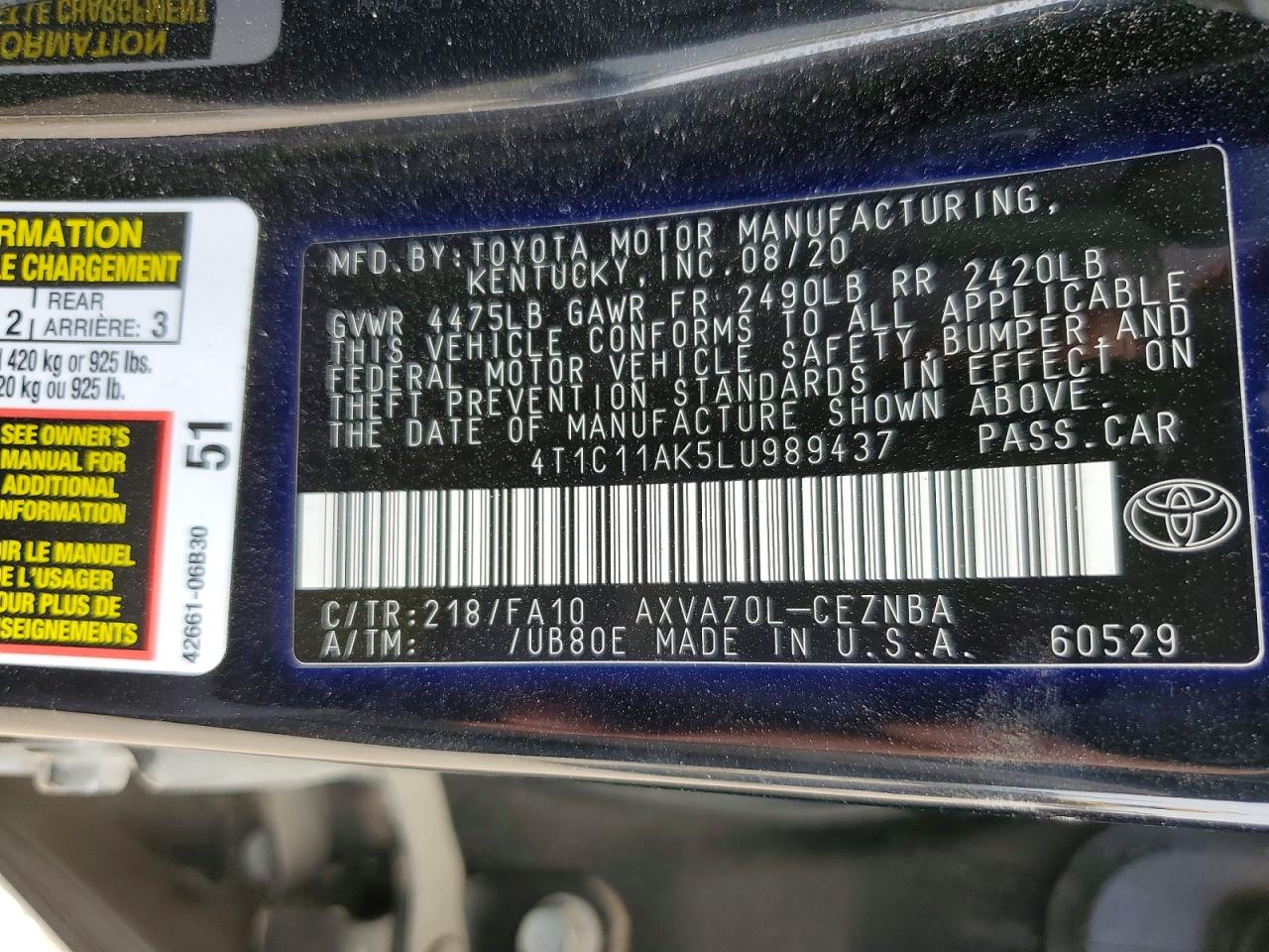 2020 TOYOTA CAMRY LE photo 12