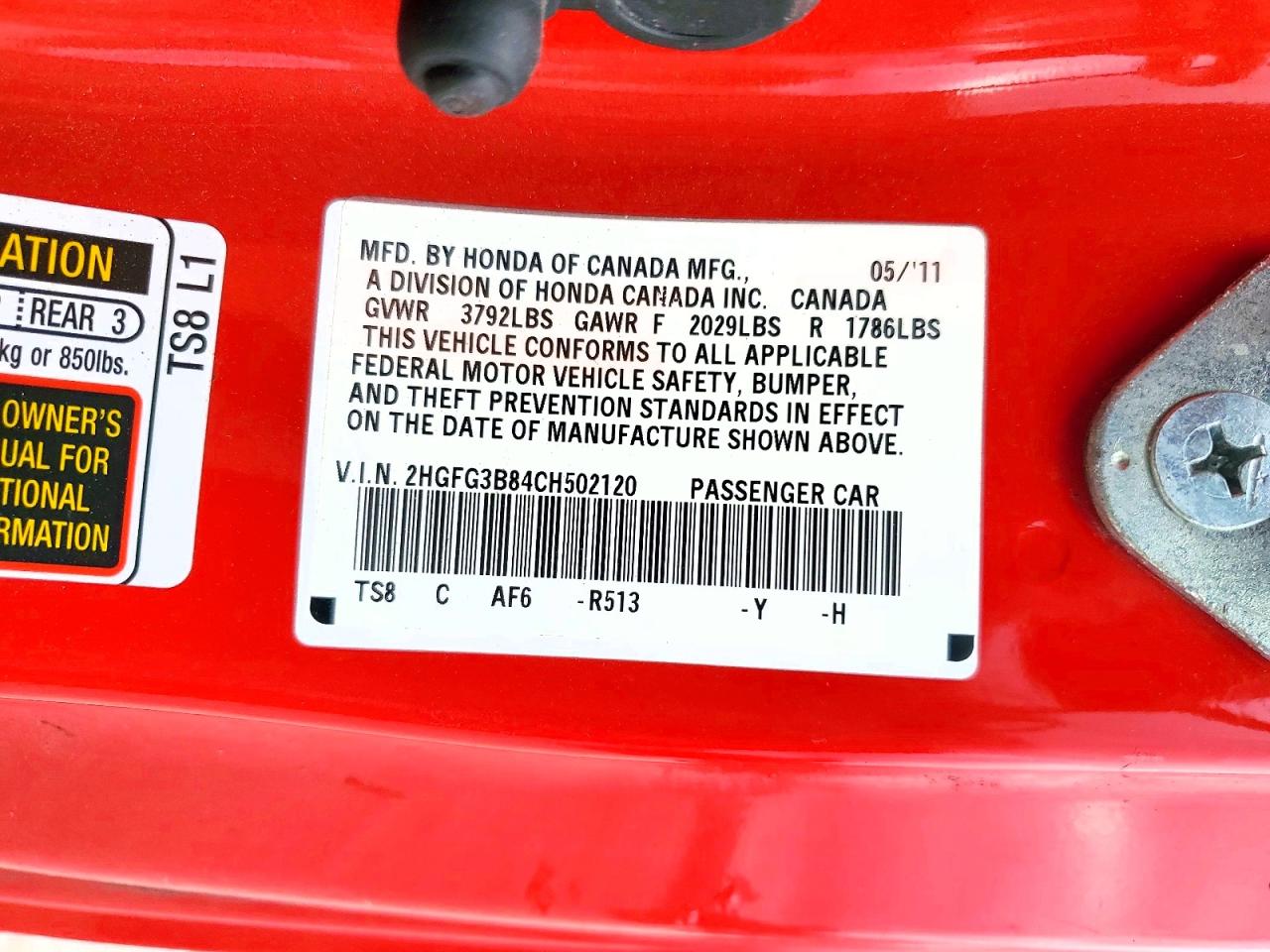 2012 HONDA CIVIC EX photo 12