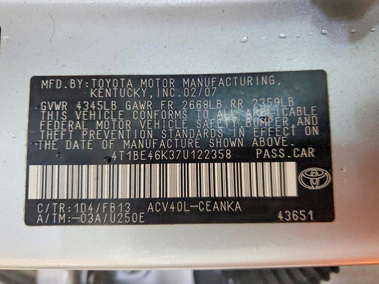 2007 TOYOTA CAMRY LE photo 23