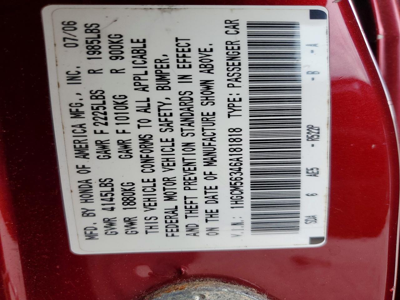 2006 HONDA ACCORD SE photo 12