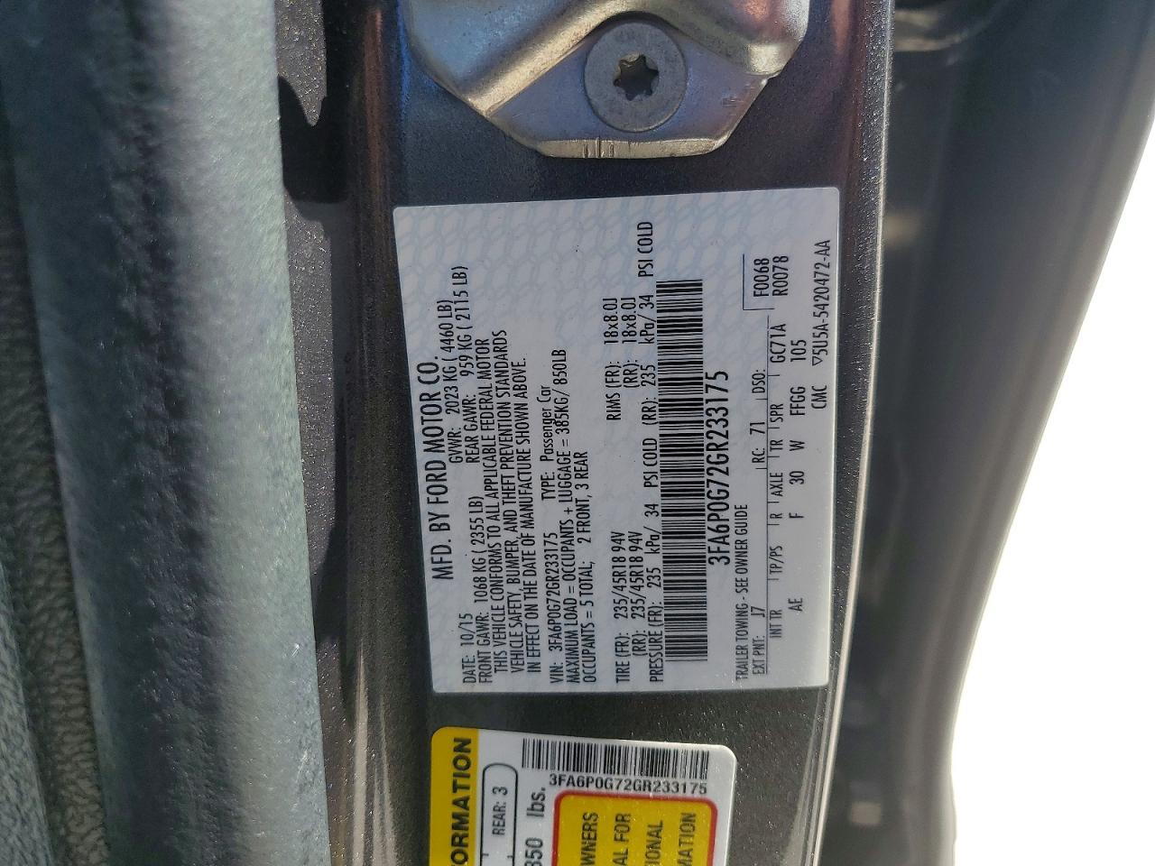 2016 FORD FUSION S photo 12