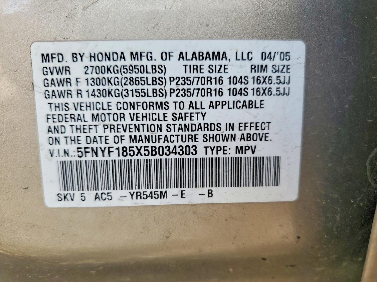 2005 HONDA PILOT EXL photo 25