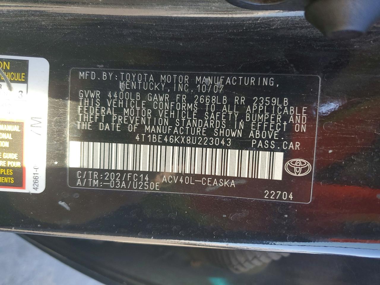 2008 TOYOTA CAMRY SE photo 13