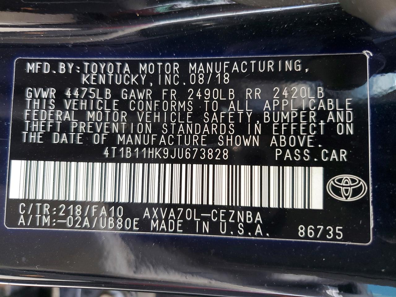 2018 TOYOTA CAMRY LE photo 12