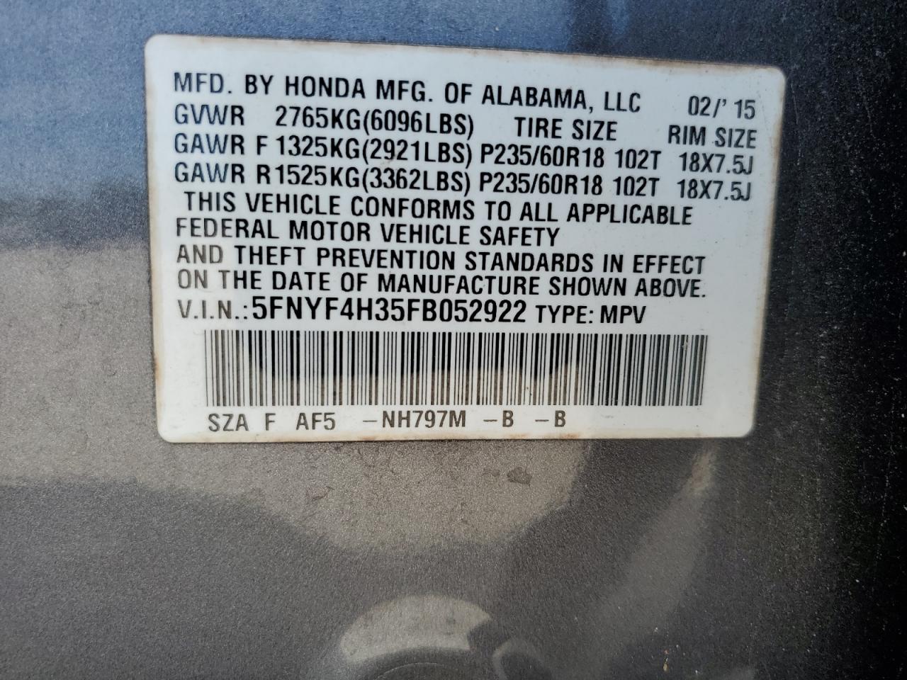 2015 HONDA PILOT SE photo 14