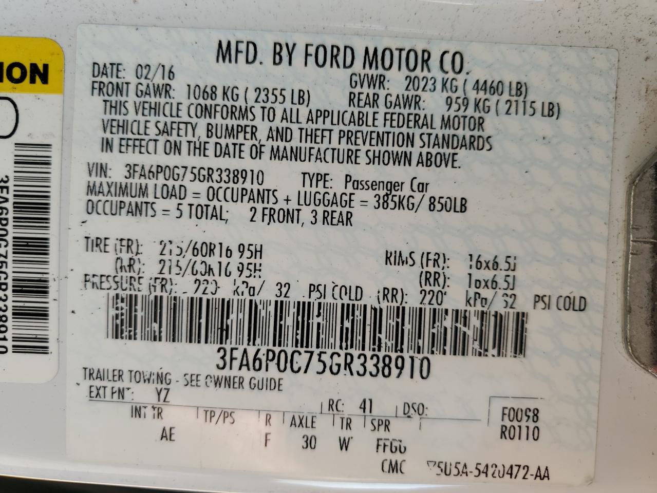 2016 FORD FUSION S photo 12