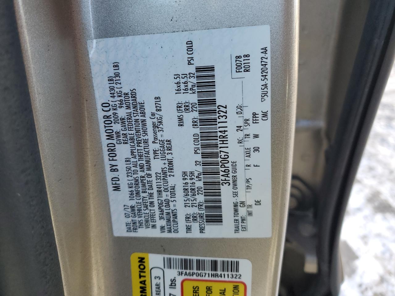 2017 FORD FUSION S photo 12