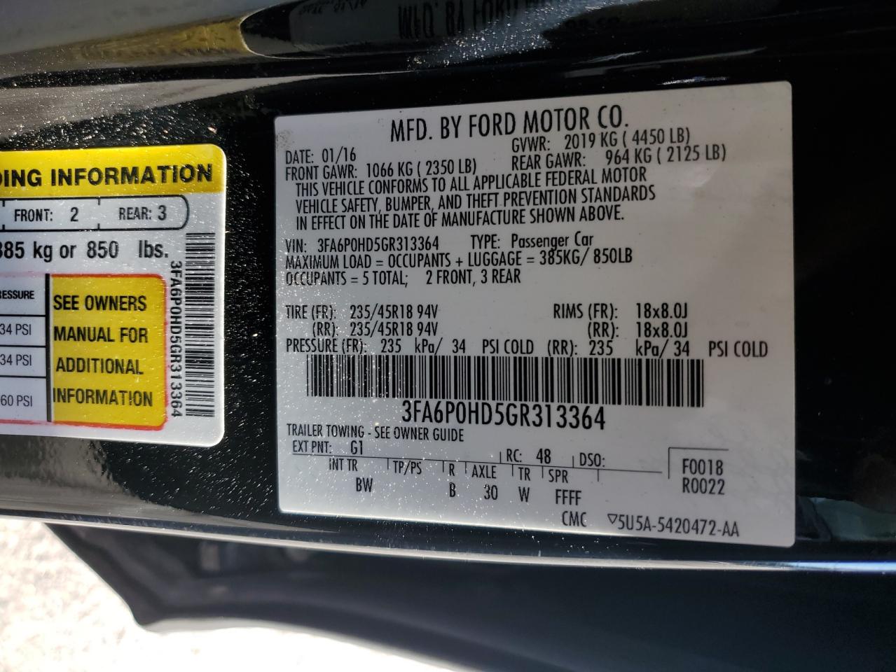 2016 FORD FUSION SE photo 34