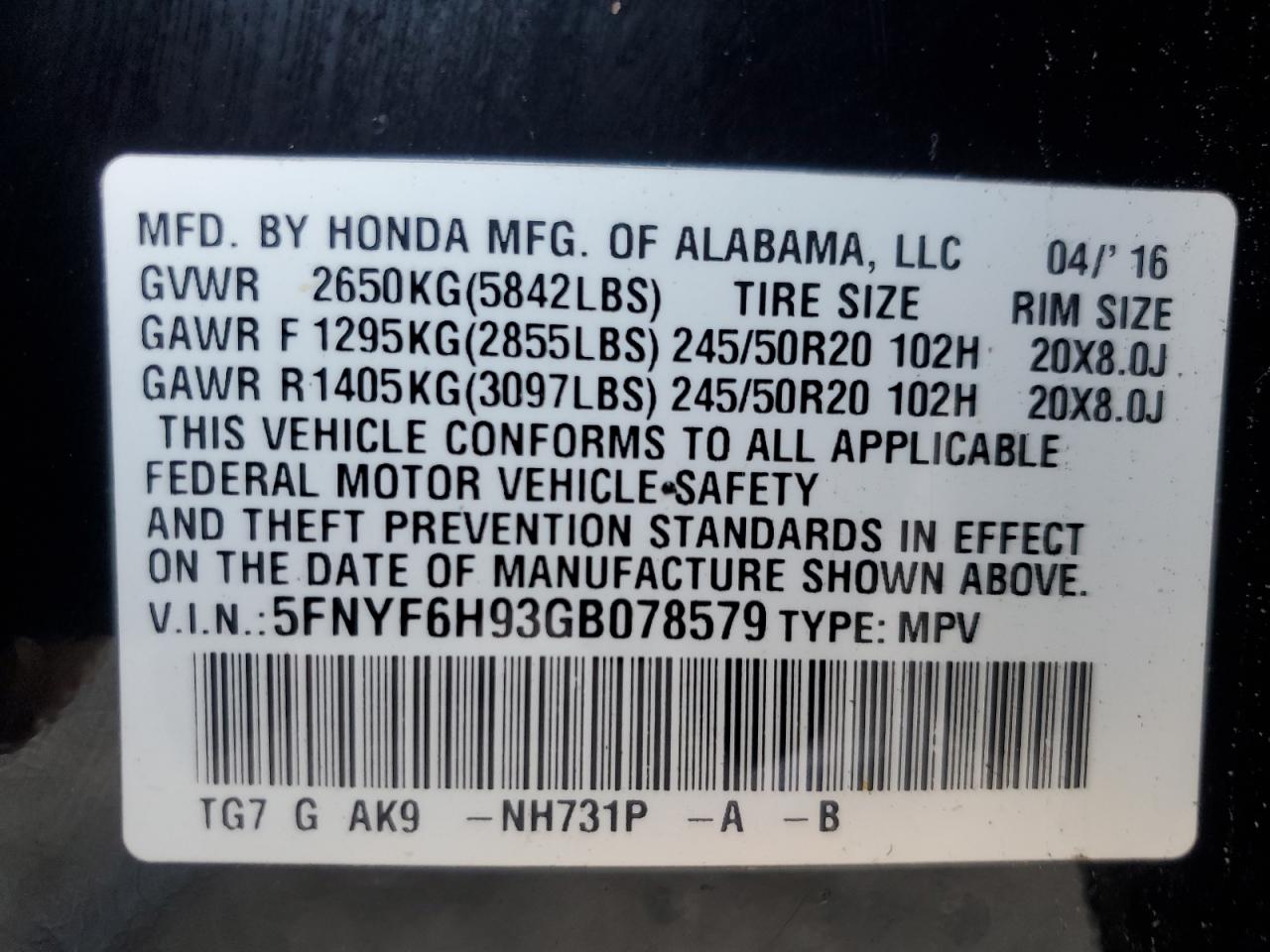2016 HONDA PILOT TOURING photo 13
