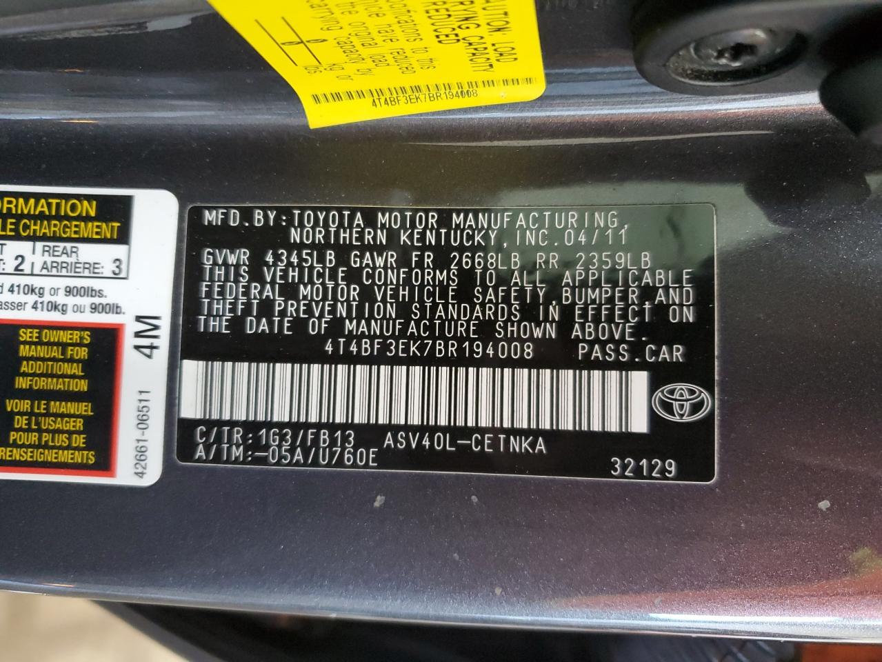 2011 TOYOTA CAMRY BASE photo 12
