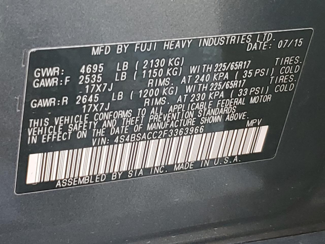 2015 SUBARU OUTBACK 2.5I PREMIUM photo 25
