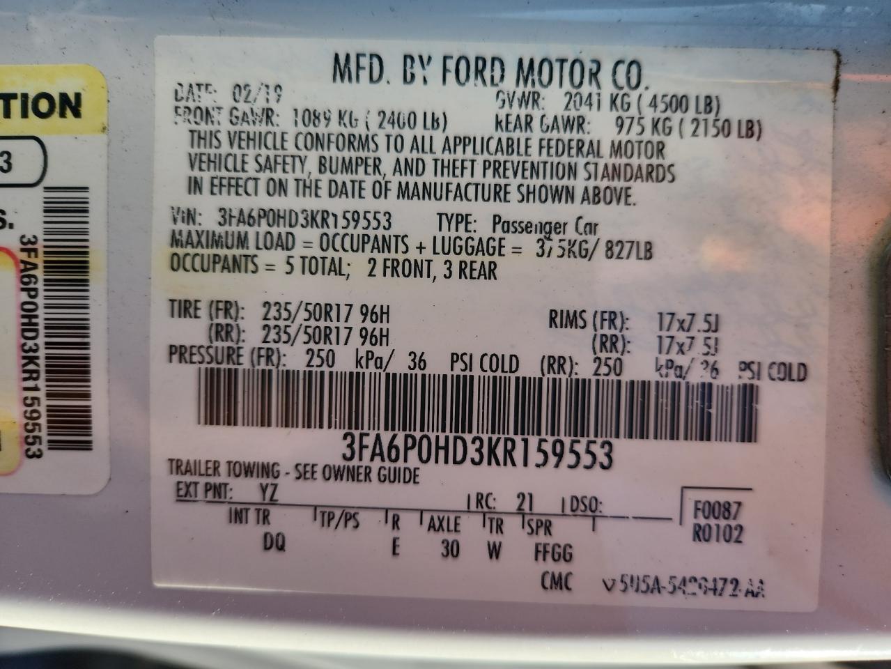 2019 FORD FUSION SE photo 34