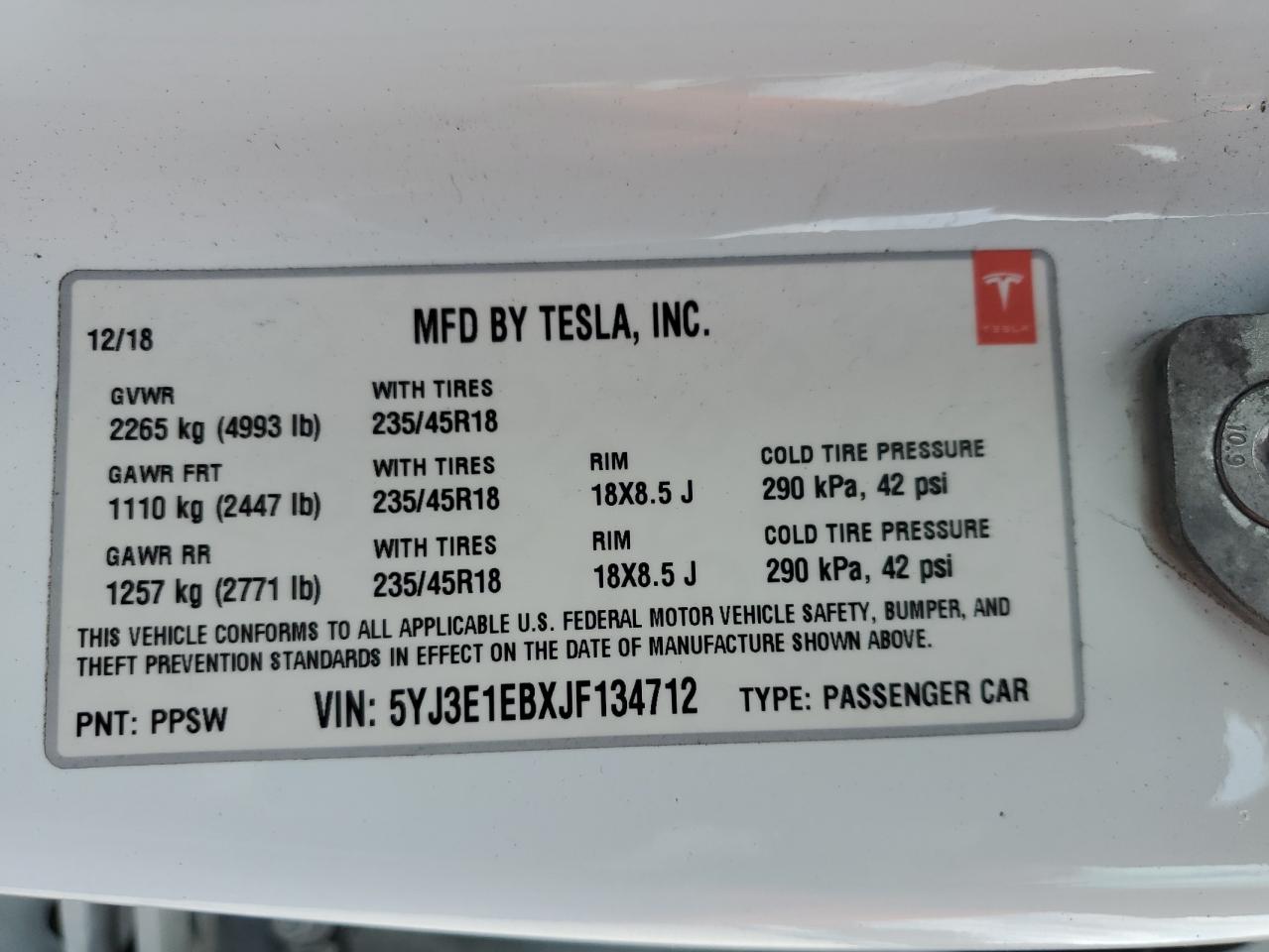 2018 TESLA MODEL 3 photo 37