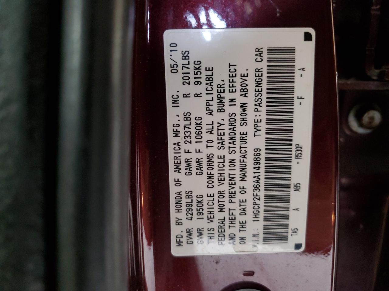 2010 HONDA ACCORD photo 23