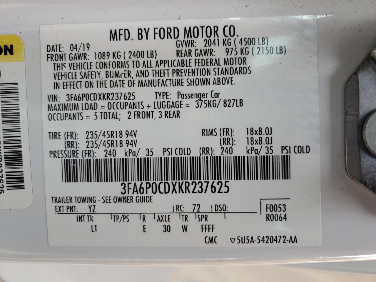 2019 FORD FUSION photo 12