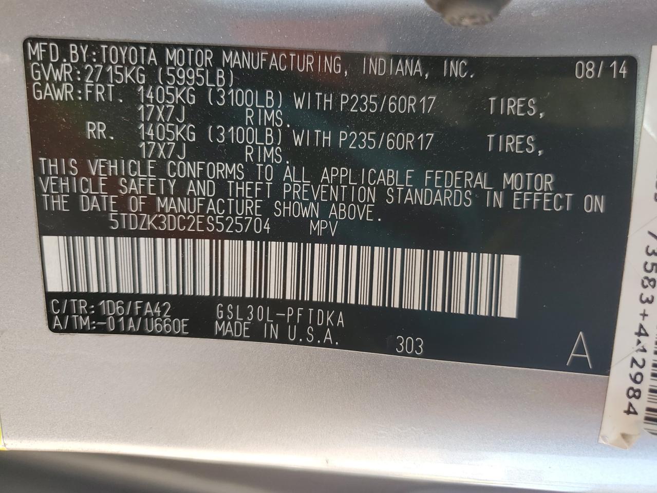 2014 TOYOTA SIENNA L 7-PASSENGER photo 13