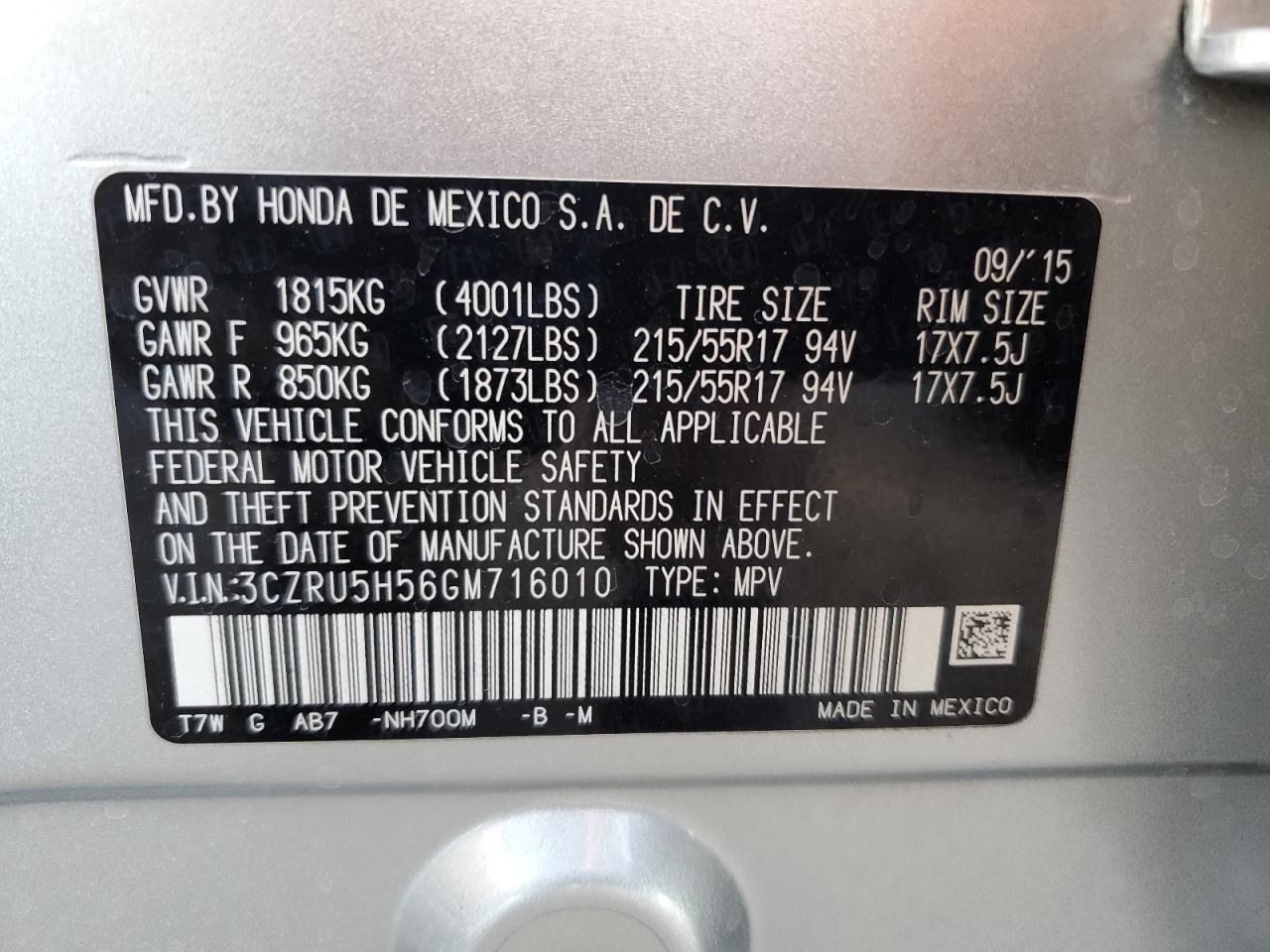 2016 HONDA HR-V EX photo 12