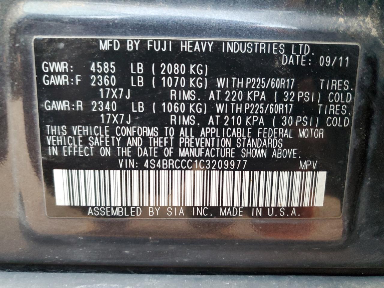 2012 SUBARU OUTBACK 2.5I PREMIUM photo 14