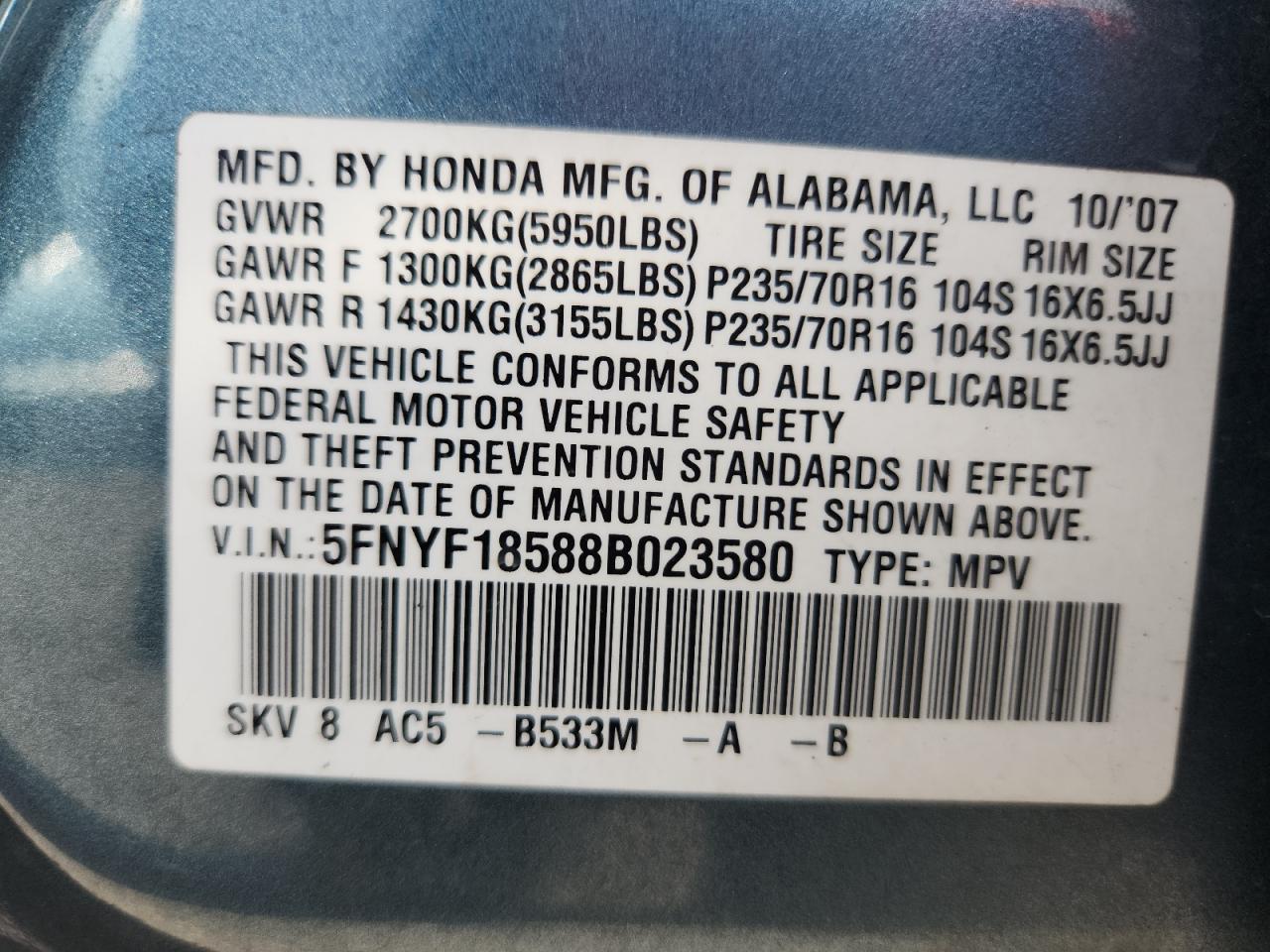 2008 HONDA PILOT EXL photo 25