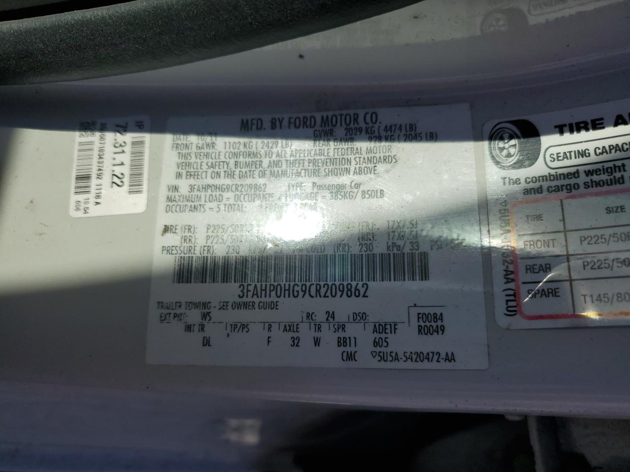 2012 FORD FUSION SE photo 13