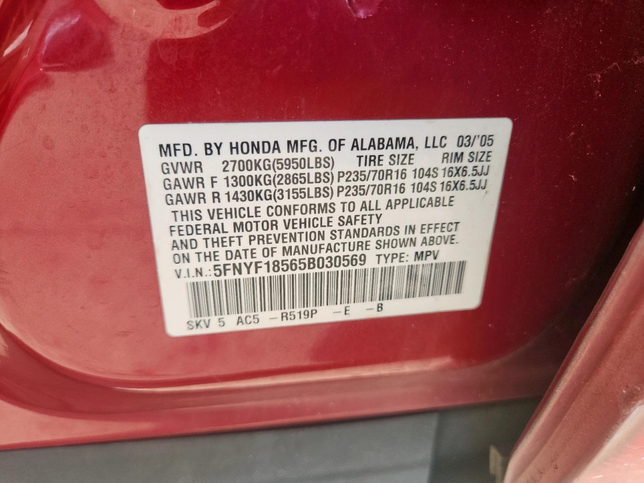 2005 HONDA PILOT EXL photo 12