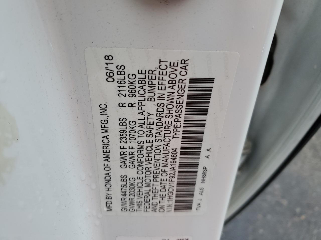 2018 HONDA ACCORD TOURING photo 12
