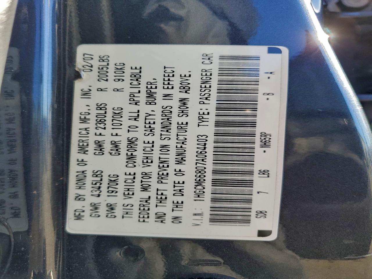 2007 HONDA ACCORD EX photo 12