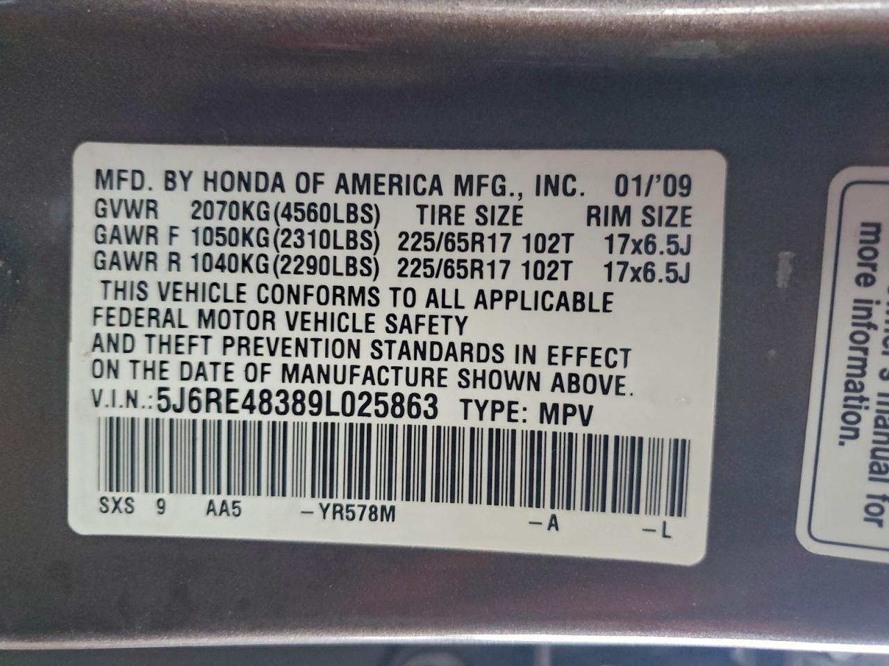 2009 HONDA CR-V LX photo 25