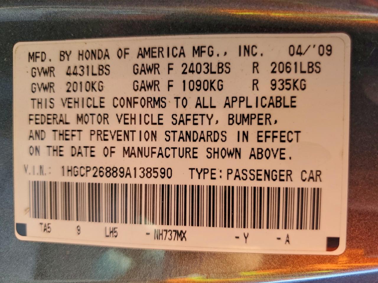 2009 HONDA ACCORD EXL photo 23
