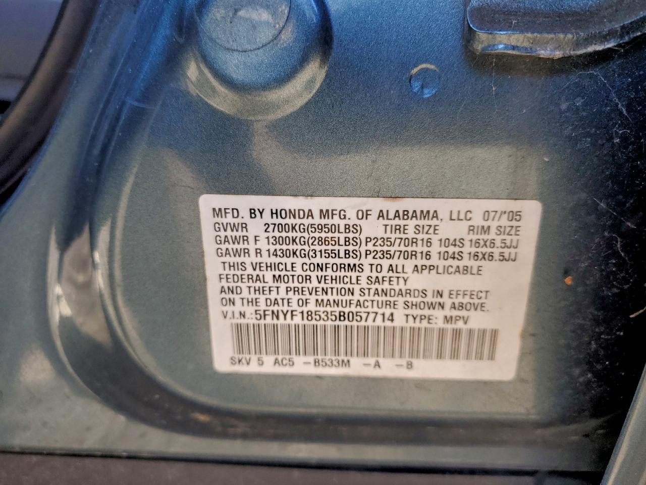 2005 HONDA PILOT EXL photo 13