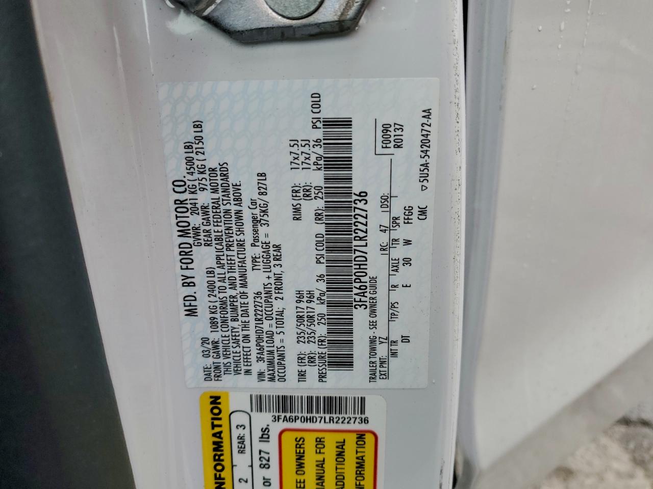 2020 FORD FUSION SE photo 34