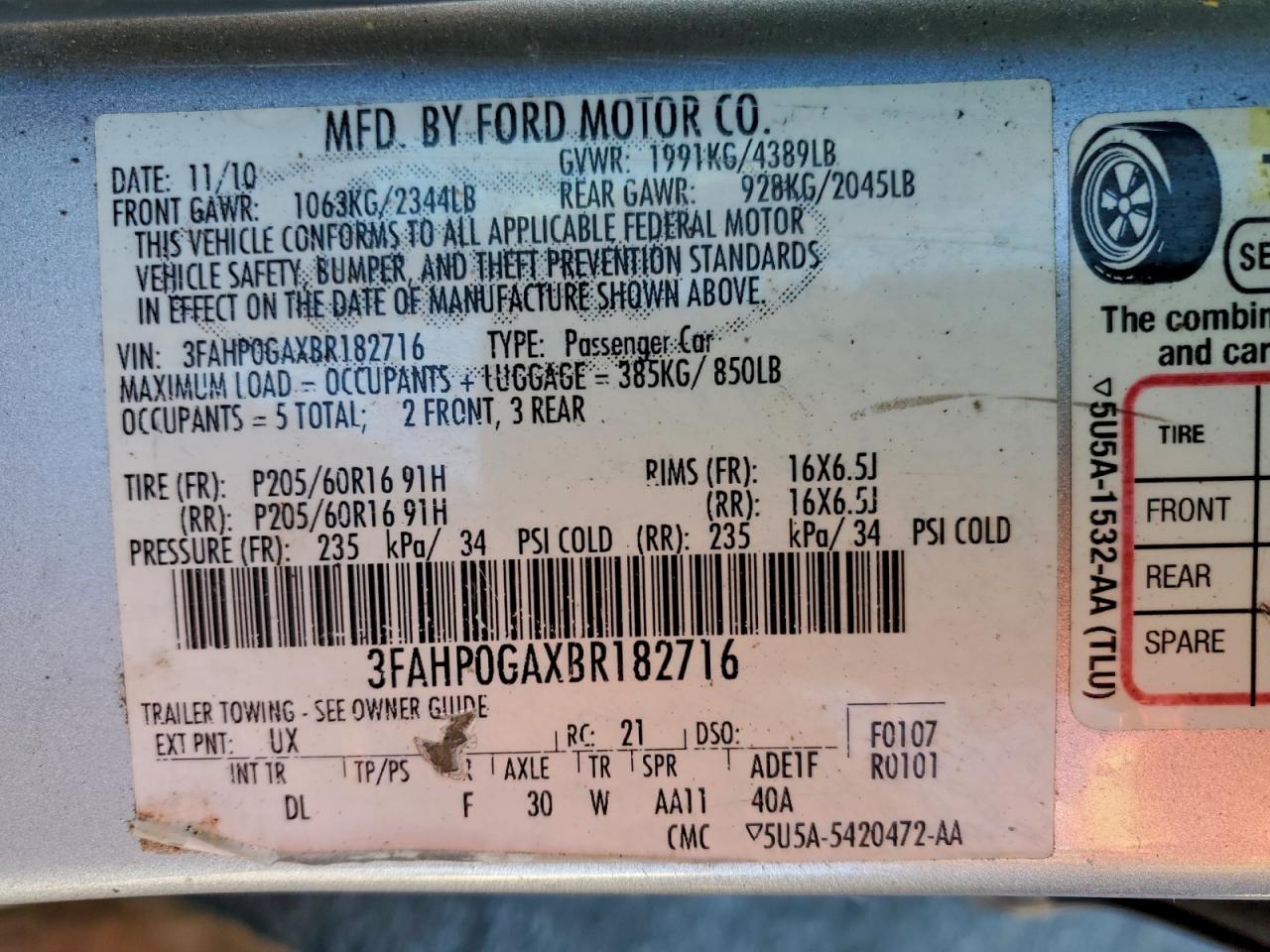 2011 FORD FUSION S photo 23