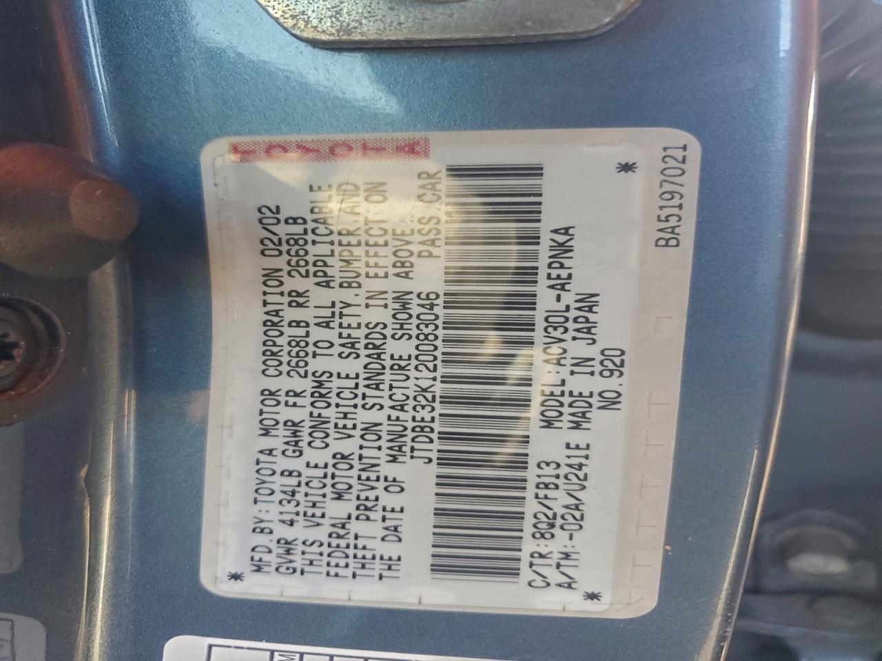 2002 TOYOTA CAMRY photo 12