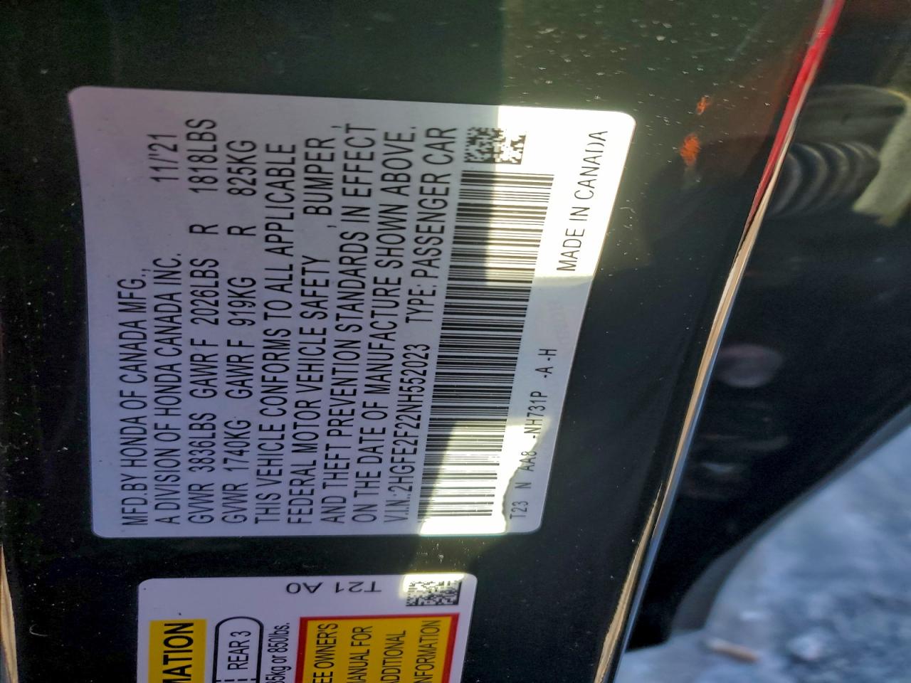 2022 HONDA CIVIC LX photo 23