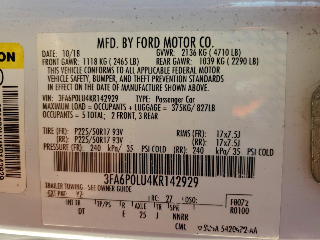2019 FORD FUSION SE photo 34