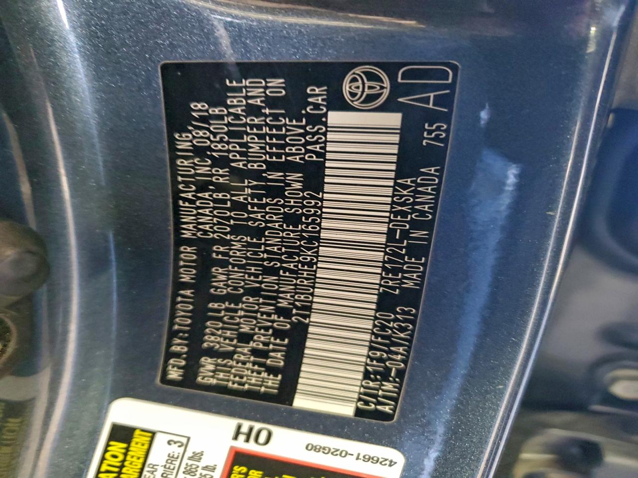 2019 TOYOTA COROLLA SE photo 12
