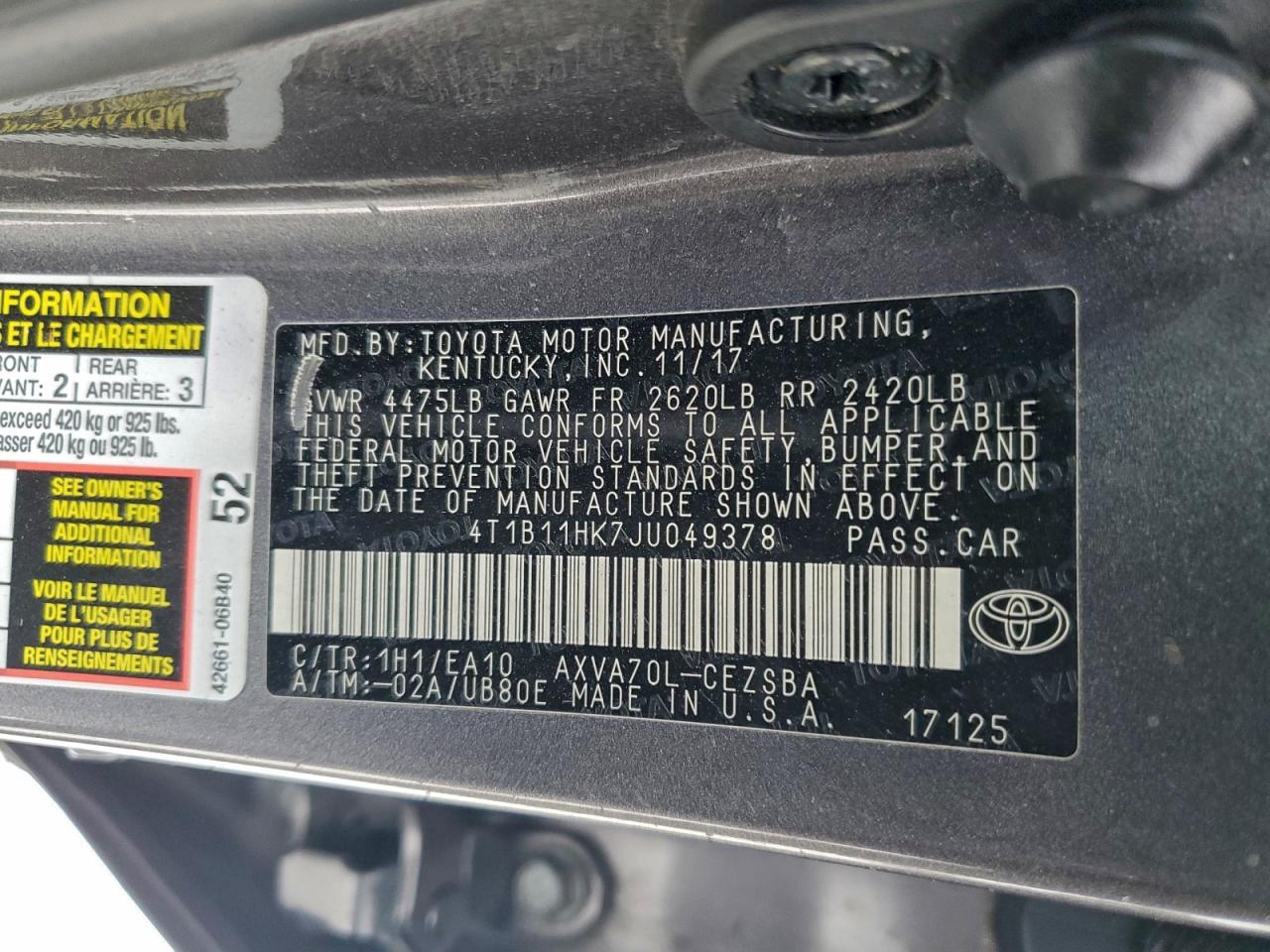 2018 TOYOTA CAMRY L photo 12