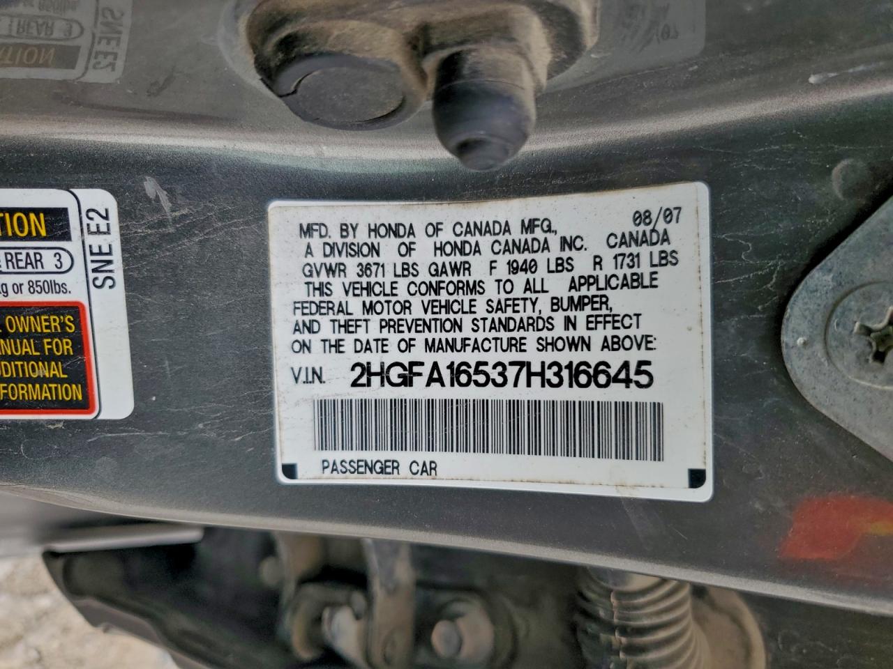 2007 HONDA CIVIC LX photo 12