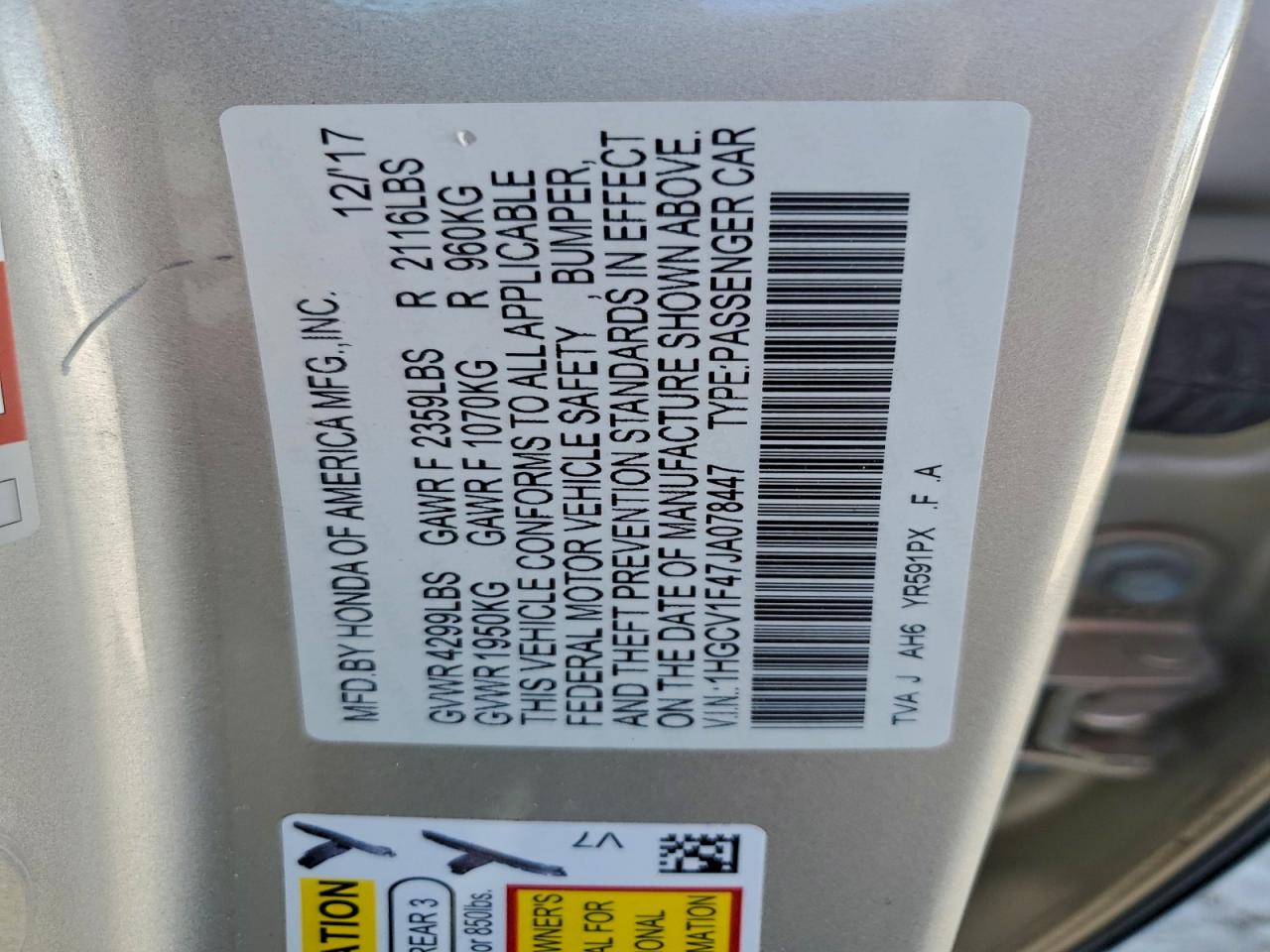 2018 HONDA ACCORD EX photo 23